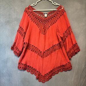 Vivid Women’s 2X Red Crochet Boho Peasant Blouse Top – Festival Gypsy Chic Plus